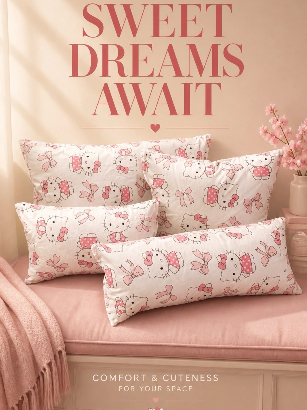 Hello Kitty Pink and White Printed purse, pillows, a set of four NWOT handmade